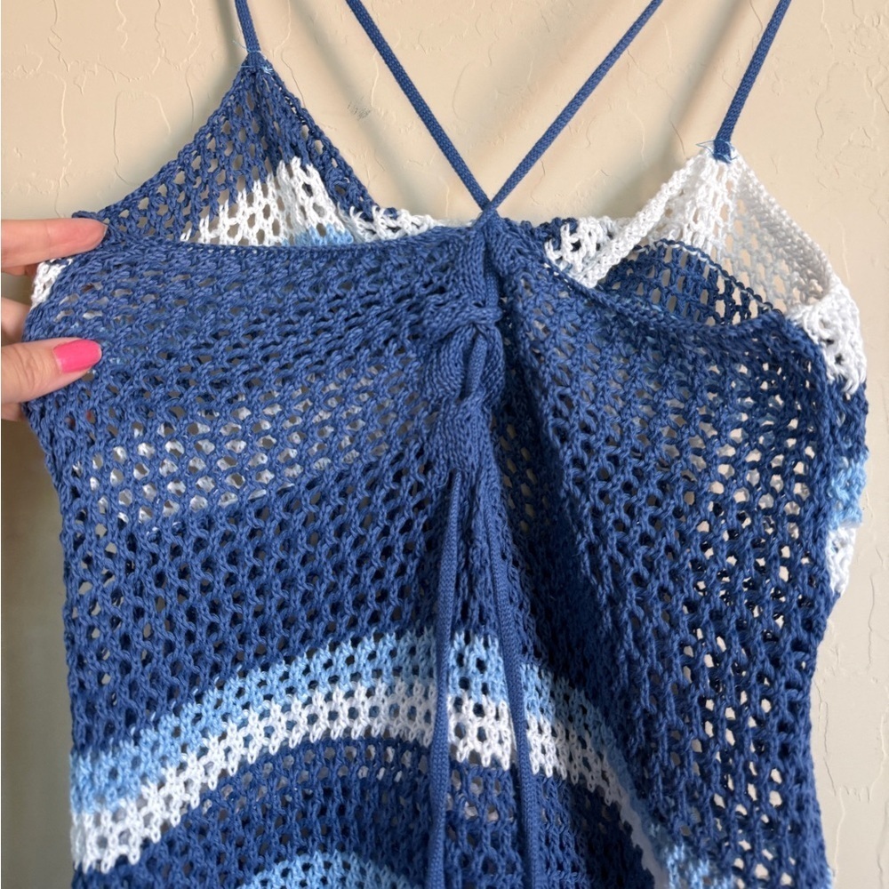 Crochet swim cover blue white striped nautical coastal beach Medium Women’s - Picture 6 of 10